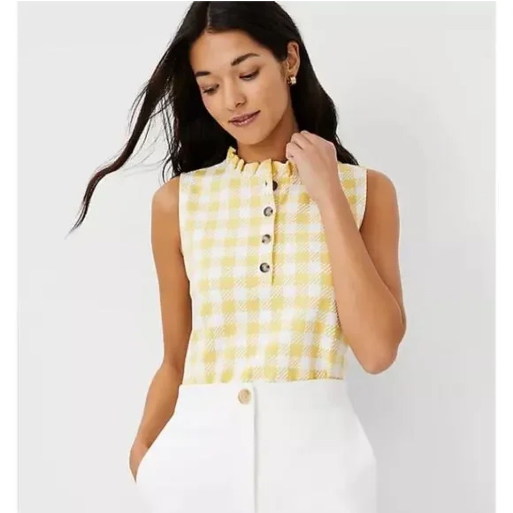 Ann Taylor Plaid Ruffle Neck Button Shell. Size XL.